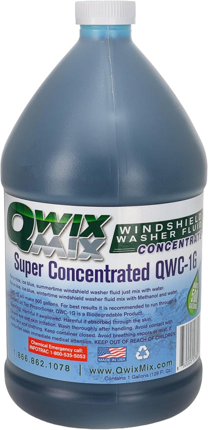 Qwix Mix 1-Gallon Windshield Washer Fluid Concentrate, Makes 500 Gallons, Biodegradable Bug, Grime & Dirt Remover Fluid, Commercial-Grade Streak-Free Glass Cleaner for Cars, Trucks & Fleets