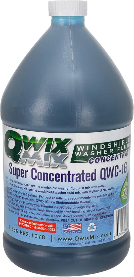 Qwix Mix 1-Gallon Windshield Washer Fluid Concentrate, Makes 500 Gallons, Biodegradable Bug, Grime & Dirt Remover Fluid, Commercial-Grade Streak-Free Glass Cleaner for Cars, Trucks & Fleets