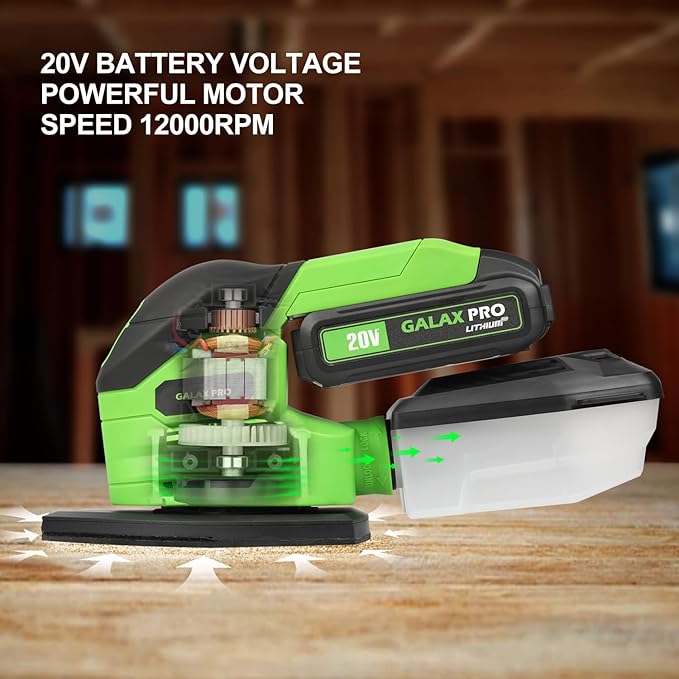 GALAX PRO Cordless Sander,2.0A Battery,12000 RPM Powerful Speed Detail Sanders with 20Pcs Sandpapers, Electric Mouse Sander for Tight Spaces Sanding in Home Decoration with Dust Box