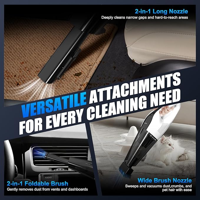 VACDRIVE Car Vacuum Handheld Cordless Car Vacuum Cleaner for Drivers, Office, Home & Pet Hair, with True Brushless Motor, Ultra-Strong Suction, Rechargeable Battery&Big Dust Cup, Type-C Fast Charging