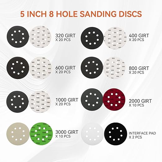 120PCS 5 Inch Sanding Discs Hook & Loop Sandpaper 320/400/600/800/1000/2000/3000 Grit Orbital Wet Dry Sandpaper with 2PCS Interface Pads for Automotive Wood Metal Polishing