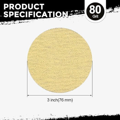 Kozelo 100 Pcs Sanding Discs 3 Inch 80 Grit Hook and Loop Random Orbital Sandpapers Suitable for Drywall Sander Wood Metal Furniture, Yellow
