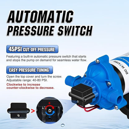 DC HOUSE 12V RV Water Diaphragm Pump Quiet Replacement, 3.5GPM 45PSI On Demand Self Priming Fresh Water Pump with Pressure Switch for Camper, Marine, Boat, Travel Trailer & Off-Grid Use