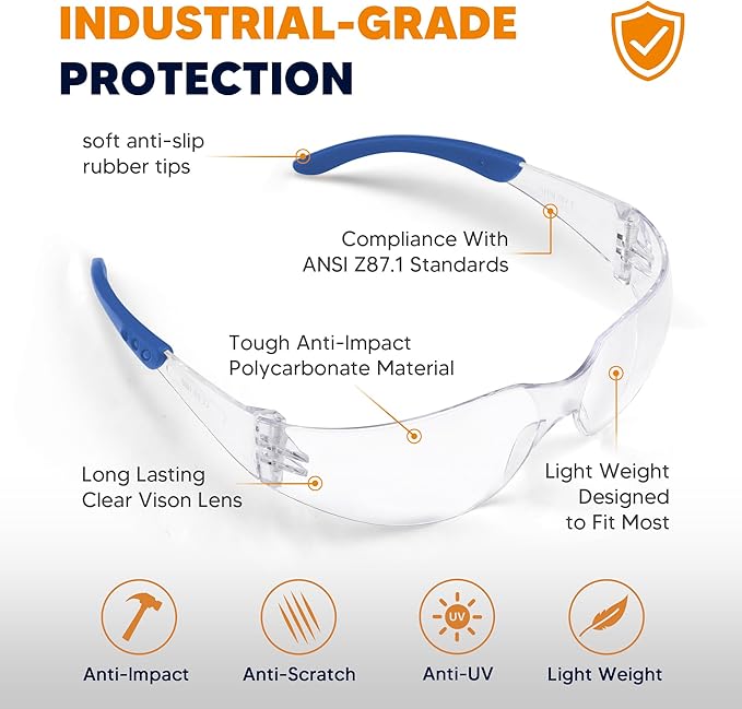 SATTRON Clear Safety Glasses 24 Pack, Polycarbonate Lens with Rubber Temples, Safety Goggles Anti-Scratch Impact Resistant, Eye Protection for Work Lab Construction, Clear Lens/Blue Frame