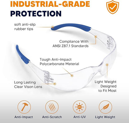 SATTRON Clear Safety Glasses 24 Pack, Polycarbonate Lens with Rubber Temples, Safety Goggles Anti-Scratch Impact Resistant, Eye Protection for Work Lab Construction, Clear Lens/Blue Frame