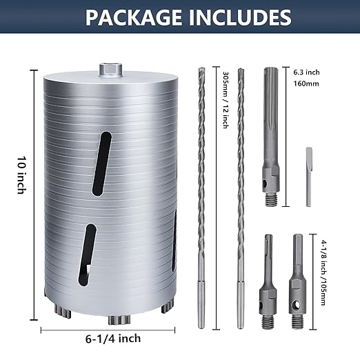 6-1/4 inch Diamond Dry Core Drill Bit, 10" Drilling Depth, 5/8"-11 Thread Core Drill Bit for Concrete Masonry Brick Block, Includes 3 Adapters SDS Plus, SDS Max and Hex (6-1/4 inch)