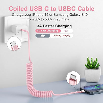 USB C to C Cable 6FT, 2Pack Coiled USB C Fast Charging Cable for Car, CarPlay iPhone USB-C Cable/Android Auto USB C Cord, USB Type C Cable for iPhone 17/16/15/Pro Max/Samsung Galaxy S23 and More-Pink