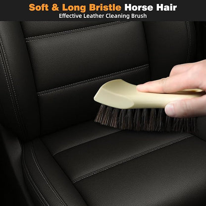 9PCS Car Detailing Brush Set, Bristle Horse Hair Boars Hair Brush with Elbow Adapter, Microfiber Wax Applicator Pads, Drying Towel and Cleaning Gel, Cleaning Kit for Car Interior and Exterior