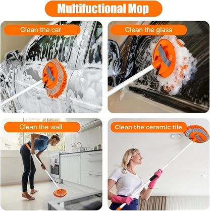 62" Car Wash Brush with Long Handle Car Cleaning Brush Kit Car Cleaning Supplies Kit Car Washing Duster Tools Accessories, 1 Chenille Scratch-Free Replacement Head Aluminum Alloy Pole (Orange)