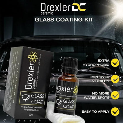 Drexler Ceramic Glass Coating 20ml – Hydrophobic Ceramic Coat for Windshields & Windows | Water Repellent Protection for Glass Parts | Enhanced Visibility, Spotless Finish, Long-Lasting Shine