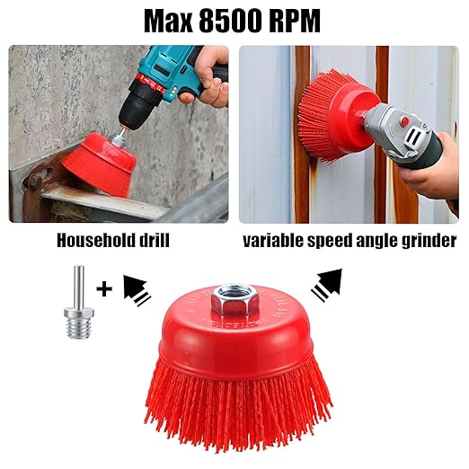 4” Nylon Filament Brush 3 Pack, 4 Inch Abrasive Nylon Bristle Cup Brushes 5/8"-11 Thread for Angle Grinder, with 1/4” Drill Shank Arbor Coarse for Rust Removing, Truck Bed Liner Surface Prep