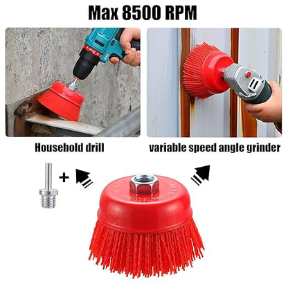 4” Nylon Filament Brush 3 Pack, 4 Inch Abrasive Nylon Bristle Cup Brushes 5/8"-11 Thread for Angle Grinder, with 1/4” Drill Shank Arbor Coarse for Rust Removing, Truck Bed Liner Surface Prep