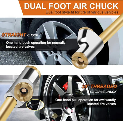 SAFELIFE 16-1/4" Extended Dual Head Air Chuck for Semi Trucks Dually Tires, 1/4" FNPT Heavy Duty Lock On Tire Inflate Chuck w/Quick Plug - 2 PCS