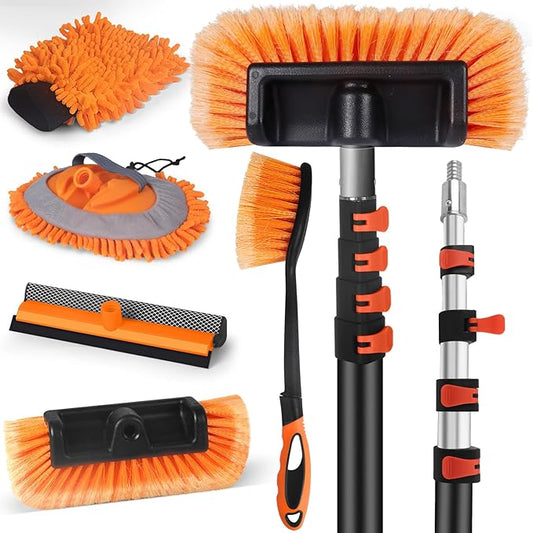 18FT Reach Car Wash Brush with Long Handle,Scratch-Free Soft Bristle Car Cleaning Kit with 3-12FT Extension Pole,Microfiber Clean Mop,Window Squeegee,Mitt,Wheel Brush for RV,Truck,SUV,Siding Washing