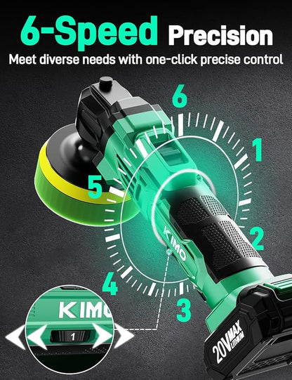 KIMO 20V Cordless Car Buffer Polisher Kit, 25Pcs Polishing Kit, 6 Speeds to 6000RPM / 2*2000mAh Batteries Cordless Polishers, Buffer Polisher for Car Detailing, Scratch Removing, Boat Sanding & Waxing