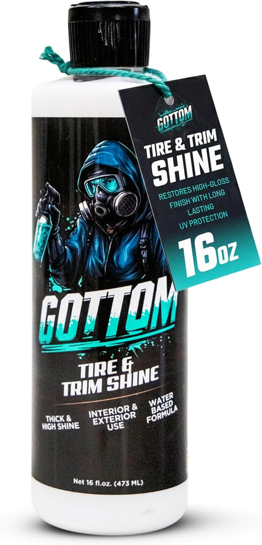 Gottom Tire & Trim Shine – 16oz, Scented Boosted Colada - Ultra High Gloss for Plastic Trim & Wheels – Water-Based Dressing – Car Tire Cleaner & Dressing – Car Detailing Supplies