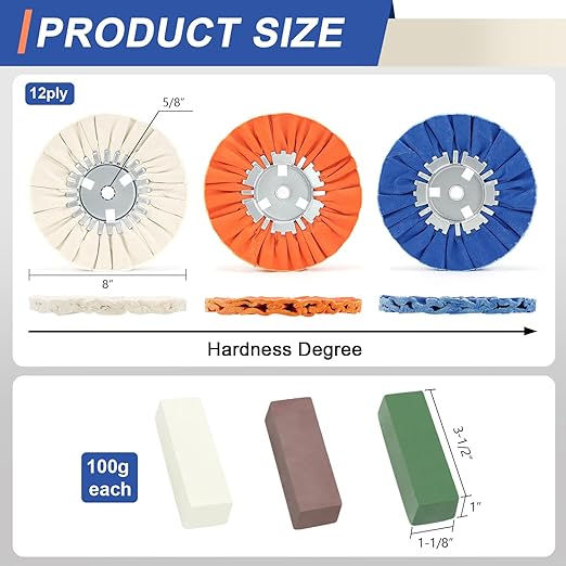 QZATTCAEN 8 Airway Buffing Wheel Kit Polishing Wheel and Polishing Compound for Angle Grinder 8" in Diameter 5/8" in Arbor Hole Aluminum Metal Buffing Wheels Kit 6 Pcs