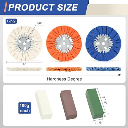 QZATTCAEN 8 Airway Buffing Wheel Kit Polishing Wheel and Polishing Compound for Angle Grinder 8" in Diameter 5/8" in Arbor Hole Aluminum Metal Buffing Wheels Kit 6 Pcs