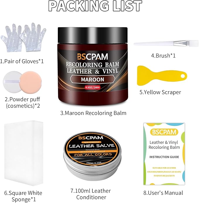 BSCPAM Maroon Leather Recoloring Balm with 100ml Mink Oil,Leather Couch Scratch Remover,Leather Repair kit for Vinyl Furniture and Car Interior,Leather Dye Paint,Mink Oil for Leather