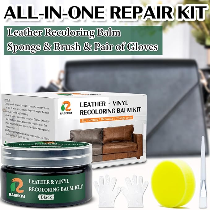 RABEKIM Black Leather Repair Kit, Leather Recoloring Balm – Restore & Repair Faded Leather on Couches, Car Seats, Shoes & Furniture | Leather Color Restorer & Conditioner | Easy DIY Application