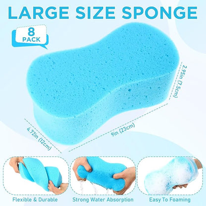 Tioncy 8 Pcs Giant Car Wash Sponges 9 x 4.7 x 3 Inch Extra Large Car Cleaning Bone Sponges Bulk All Purpose Easy Grip Thick Foam Scrubber for Boat Garage Kitchen Bathroom Household Cleaning (Blue)