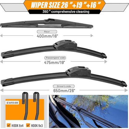 AUTOBOO 26"+19" Windshield Wipers with 16" Rear Wiper Blade Sets Replacement for 2010 2011 2012 2013 2014 2015 Toyota Prius -Original Factory Quality (Pack of 3)