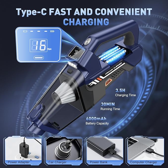 JONYJ Handheld Vacuum Cordless, 16000PA High Power Car Vacuum Cleaner, Portable Hand Held Vacuum Cleaner with LED Light & Multi-Nozzles, Dust Buster Rechargeable for Home, Car, Office, Pet