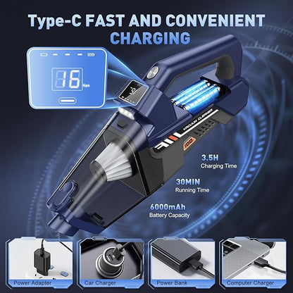 JONYJ Handheld Vacuum Cordless, 16000PA High Power Car Vacuum Cleaner, Portable Hand Held Vacuum Cleaner with LED Light & Multi-Nozzles, Dust Buster Rechargeable for Home, Car, Office, Pet