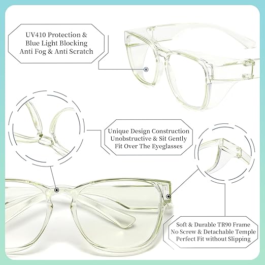 Alsenor Safety Glasses Anti Fog Goggles Fit Over Prescription Eyewear For ANSI Z87.1 Certified Oversized Eyeglasses For Men Women (Oversized-Jade)