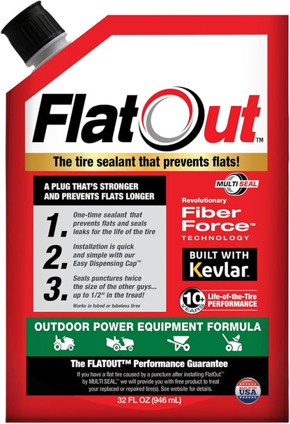 FlatOut Off-Road Tire Sealant, Outdoor Power Equipment Formula, Prevents Flat Tires, Fix a Flat Tire, Seals Leaks, Contains Kevlar, 32 Ounce Bag, 1-Pack