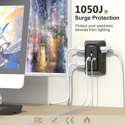 JcBlaon Outlet Extender Surge Protector - 6 Outlet Splitter with 4 USB Ports (2 USB C), Multiple Plug Expander Wall Charger, 3 Sided Multi Plug Wall Adapter Power Strip for Home Office Kitchen Travel