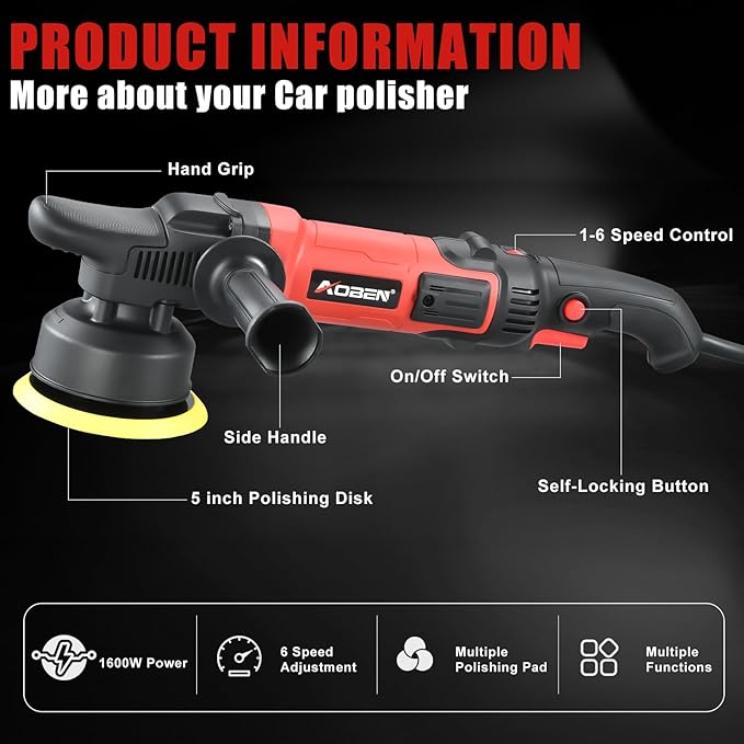 AOBEN Buffer Polisher,5 inch Dual Action Polisher,Long Orbit 16mm Random Buffer Polisher kit with 6 Variable Speed 1000-5500rpm,Detachable Handle,7 Buffing Pads for Car detailing Polishing and Waxing