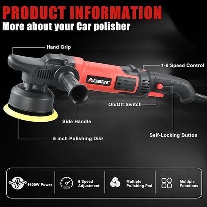 AOBEN Buffer Polisher,5 inch Dual Action Polisher,Long Orbit 16mm Random Buffer Polisher kit with 6 Variable Speed 1000-5500rpm,Detachable Handle,7 Buffing Pads for Car detailing Polishing and Waxing