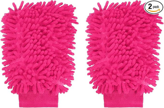 HARFINGTON 2pcs Chenille Microfiber Car Wash Mitts 9.8" x 7.9" Scratch Free Wash Gloves Absorbent Double Sided Plush Cleaning Drying Mitts for Car Washing Home Rose Red