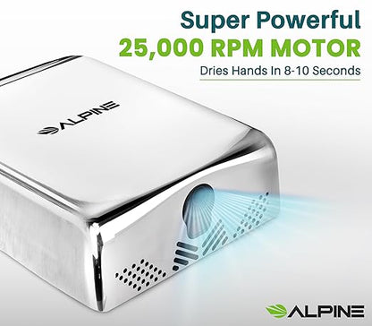 Alpine Commercial Hand Dryer with HEPA Filter, 8 Seconds Extreme Speed Electric Hand Dryer for Home Bathroom/Restaurant with Heat & Speed Control - ADA Compliant (120V Chrome)