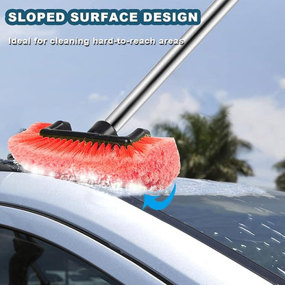 Car Wash Brush with Long Handle – Five-Sided Soft Bristle Brush for Car, Truck, SUV, RV, Boat & House Siding Cleaning(Red)