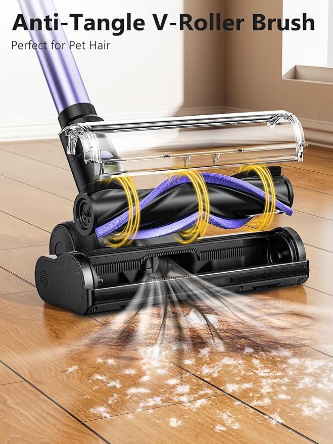Cordless Vacuum Cleaner, 46KPa/500W Stick Vacuum with 55 Mins Runtime, Self-Standing Vacuum Cleaner for Home, LED Display, Anti-Tangle Brush, Rechargeable Vacuum for Hardwood Floor, Pet Hai (Purple)