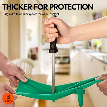 Vgo... 3-Pairs Reusable Household Gloves, Rubber Dishwashing gloves, Extra Thickness, Long Sleeves, Kitchen Cleaning, Working, Painting, Gardening, Pet Care (Size XL, Green, HH4601)