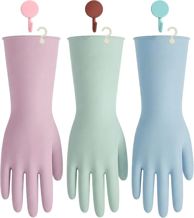 IMARU 3 Pairs Dishwashing Gloves with Hanging Hooks - NonSlip & Reusable Cleaning Gloves for Household, Kitchen, Gardening