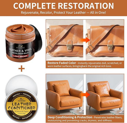 SHABEIBEI Leather Recoloring Balm with 100ml Mink Oil, Light Brown Leather Repair Kit and Scratch Remover for Furniture, Car Seats, Sofas, Dye & Restorer for Couches, Vinyl, PU, Faux