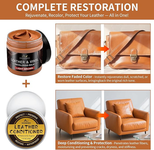 SHABEIBEI Leather Recoloring Balm with 100ml Mink Oil, Light Brown Leather Repair Kit and Scratch Remover for Furniture, Car Seats, Sofas, Dye & Restorer for Couches, Vinyl, PU, Faux
