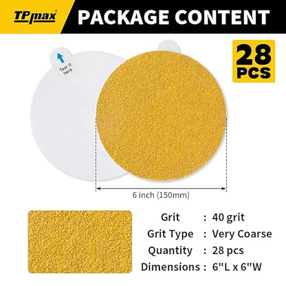 6-Inch 40-Grit Gold PSA Sanding Discs, 28 Pack – Pro-Grade Self-Adhesive Stickyback Sandpaper with Quick-Release Tabs for DA Sander, Coarse Automotive/Wood/Metal Sanding