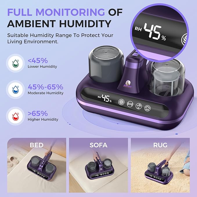 Amzany Mattress Vacuum Cleaner - 5-in-1 Cordless Bed Vacuum Cleaner, Powered by UV-C Light & Ultrasonic Technology, 16Kpa Strong Suction,Low Noise,Suitable for Dust, Pet Hair, Etc - Purple