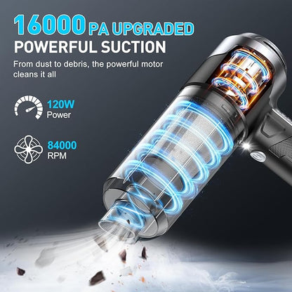 KMM Handheld Car Vacuum Cleaner, 16000PA Vacuum Cleaner & Air Duster, 120W High Power Vacuum Portable Cordless, Hand Held Vacuum Rechargeable with Multi-Nozzles & LED Light for Home, Car, Office
