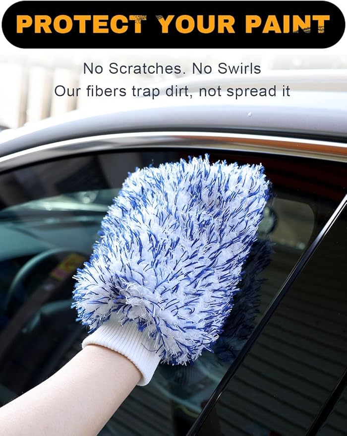 Microfiber Car Wash Mitts, 2Pack Premium Scratch-Free Car Wash Gloves with Thick Elastic Cuff for Auto Detailing, Cars, Trucks, SUVs, Boats (Blue & Orange)