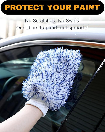 Microfiber Car Wash Mitts, 2Pack Premium Scratch-Free Car Wash Gloves with Thick Elastic Cuff for Auto Detailing, Cars, Trucks, SUVs, Boats (Blue & Orange)