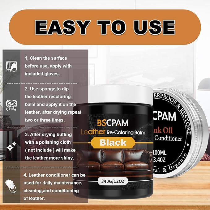 BSCPAM 12oz Leather Recoloring Balm & 3.4oz Mink Oil Leather Conditioner kit,Black Leather Color Repair Kits for Couches, Leather Couch Paint Scratch Repair for Furniture Car Sofa Shoes Leather Dye