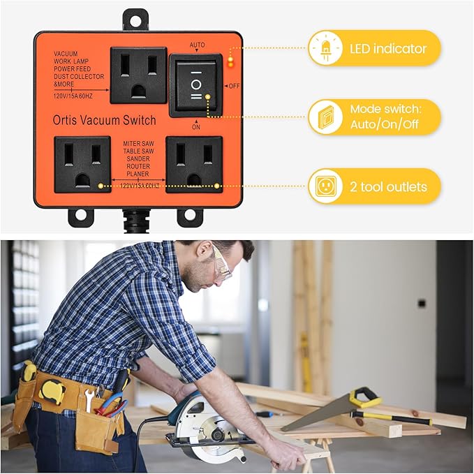 Automatic Vacuum Switch, Ortis Vacuum Switch for More Power Tools, Delay Vacuum On/Off to Prevent Circuit Overload and Tripping, Keep Your Workplace Cleaner, Better for Your Lung