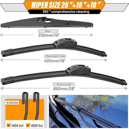 AUTOBOO 26"+16" Windshield Wipers with 10" Rear Wiper Blade Replacement for Toyota RAV4 2013 2014 2015 2016 2017 2018-Original Factory Quality (Pack of 3)