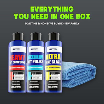 3 Step Polishing Compound Kit, 32oz - Heavy Cut, Medium Polish & Ultra Fine Glaze for Scratch & Swirl Removal - Safe for All Car Paint - by WEICA